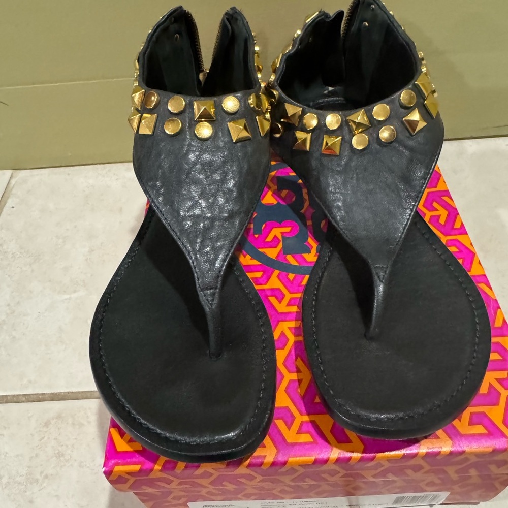 Tory Burch Black Sandals with Gold Studs